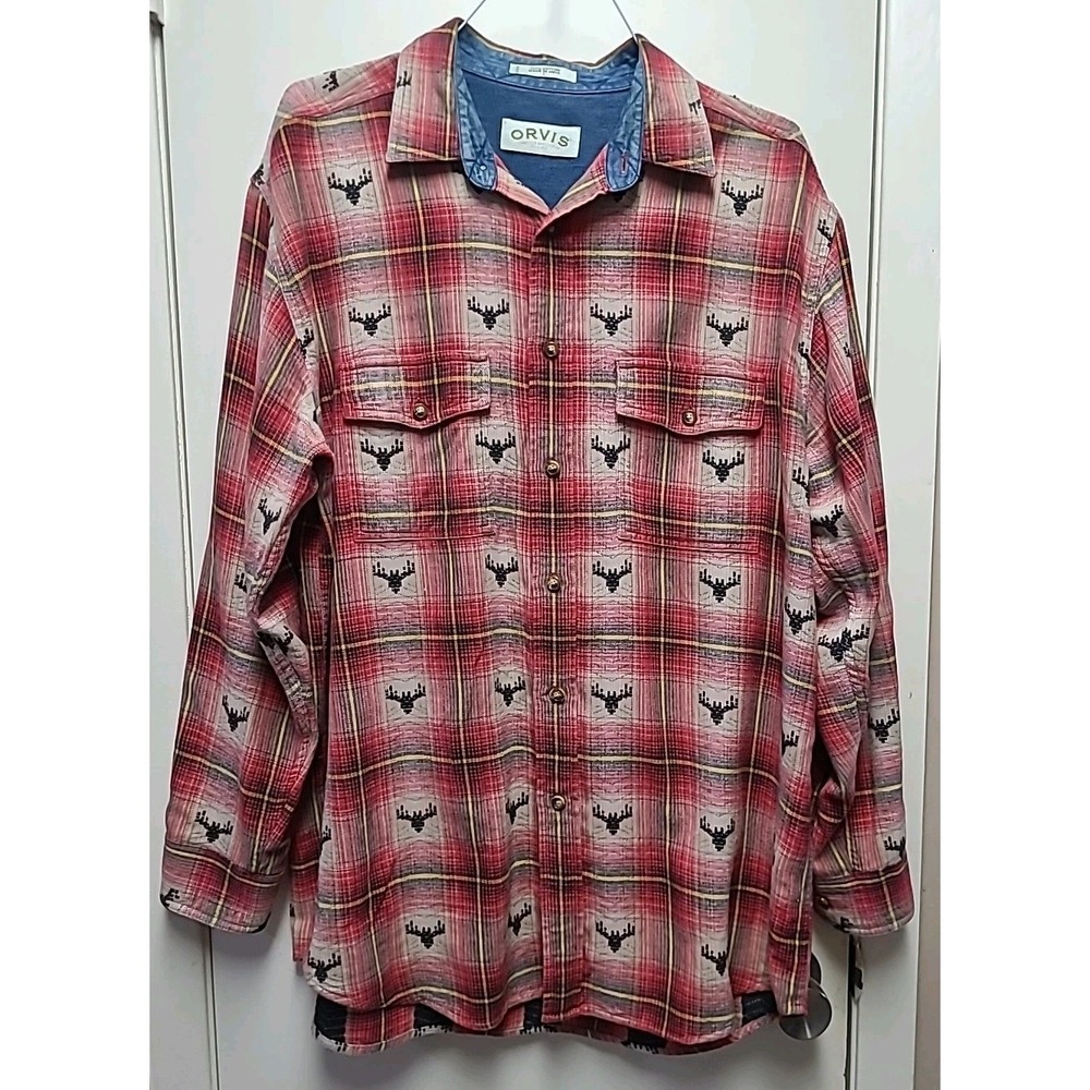 Vintage Orvis Plaid Antler‎ Print Flannel Red Long Sleeve Button Shirt Men's L
